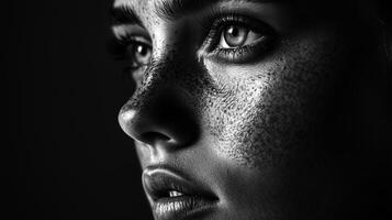 A black and white portrait of a woman with a deep, introspective expression. The lighting is dramatic, with shadows falling across the face. The background is dark photo