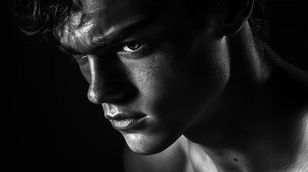 A black and white portrait of a man with a deep, introspective expression. The lighting is dramatic, with shadows falling across the face. The background is dark photo