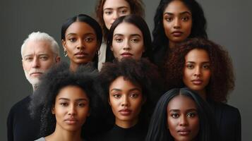A group portrait featuring models of various skin tones, ages, genders, and body types, celebrating the diversity of beauty. photo