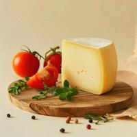cheese with tomatoes on a wooden board photo
