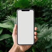 mock-up of a phone with a white screen in hand on a background of plants photo