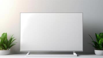 banner of a plasma LCD TV with an empty white screen on a white background with indoor plants photo