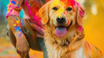 Golden Retriever dog in multi-colored colors at the Holi color festival photo