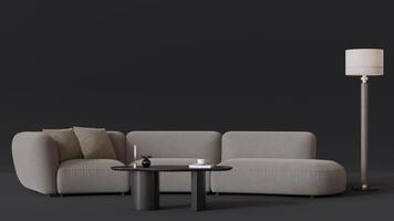 Plush beige sofa with textured cushions, modern black coffee table, and stylish floor lamp on dark backdrop, creating an inviting atmosphere. Furniture store concept. Interior design. Copy space. 3D. video