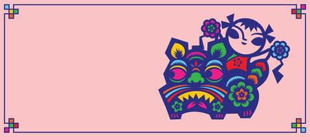 Chinese New Year banner design. Traditional Chinese paper cut lion dance with empty space and floral frame for greeting vector