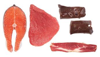 Fihs, meat, liver and bacon photo