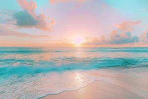 A serene seascape with soft pastel clouds and a gentle wave lapping onto the sandy shore photo