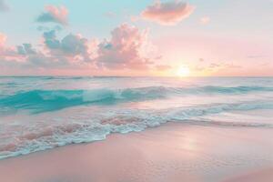 A gentle wave breaks on the shore illuminated by the warm glow of the rising sun photo