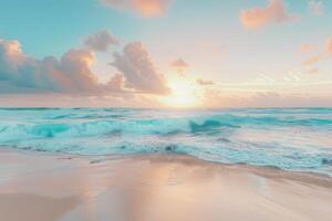 a beautiful beach scene with waves and clouds photo