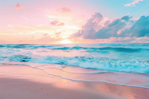 a beautiful beach scene with waves and clouds photo