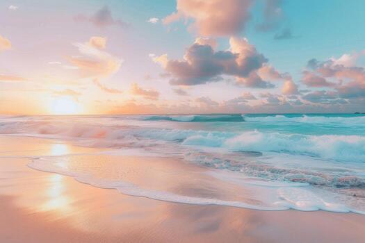 a beautiful beach scene with waves and clouds photo