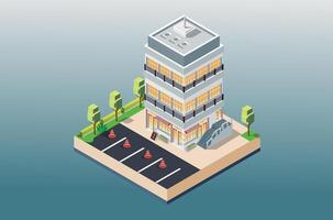 isometric illustration of a minimarket building with a car park near the main road. suitable for digital assets vector