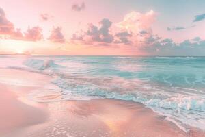 A soft wave gently breaks on the shore kissed by the pastel hues of a tranquil sunset photo