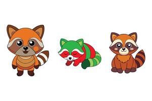 Raccon cartoon abstract Collection. Raccon Sitting, Raccon Jumping, Raccon Lying in Front View Design Style Elements Fauna Wildlife vector