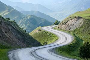 Twisting Mountain Road with Sharp Hairpin Curves and Breathtaking Valley Views, Framed by a Clean White Background photo