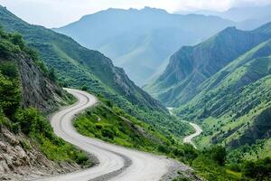 Twisting Mountain Road with Sharp Hairpin Curves and Breathtaking Valley Views, Framed by a Clean White Background photo