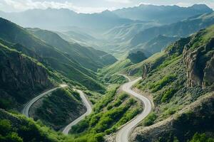 Twisting Mountain Road with Sharp Hairpin Curves and Breathtaking Valley Views, Framed by a Clean White Background photo