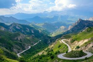 Twisting Mountain Road with Sharp Hairpin Curves and Breathtaking Valley Views, Framed by a Clean White Background photo