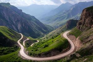 Twisting Mountain Road with Sharp Hairpin Curves and Breathtaking Valley Views, Framed by a Clean White Background photo