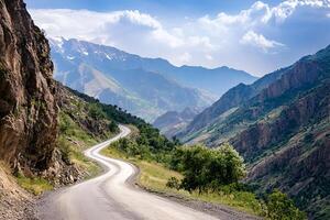 Twisting Mountain Road with Sharp Hairpin Curves and Breathtaking Valley Views, Framed by a Clean White Background photo