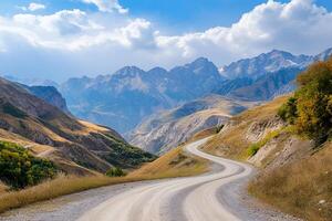 Twisting Mountain Road with Sharp Hairpin Curves and Breathtaking Valley Views, Framed by a Clean White Background photo