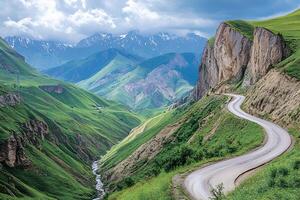 Twisting Mountain Road with Sharp Hairpin Curves and Breathtaking Valley Views, Framed by a Clean White Background photo