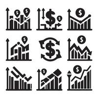 Set of chart icons with dollar sign in even silhouette on a white background. The graph shows downward and upward trends. vector