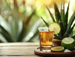 tequila Disparo con Lima piezas, sal y agave. antecedentes con Copiar espacio foto