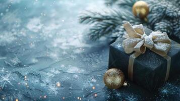 Christmas background with copy space. A gift box with a bow and a Christmas tree branch behind photo