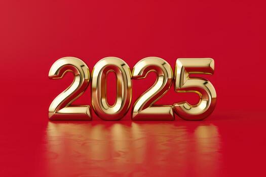 The number 2025 is made of golden balloons on a red background photo