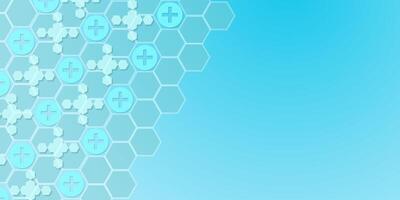 Abstract medical technology and healthcare. Hexagon connecting make shield and protecting. Blue background vector