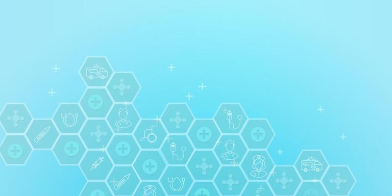 Medical technology with hexagon and hospital icon. Healthcare blue background