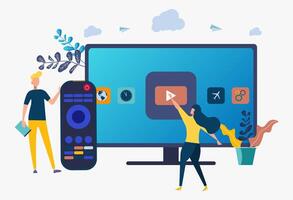 People switch applications on the TV display. Smart TV technology, Internet TV, online TV Sreaming concept. Colorful illustration vector