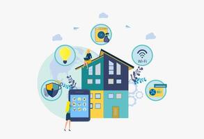 A woman checks the performance of a smart home on a tablet. Smart home devices, home automation system, home appliance market concept. Site template vector