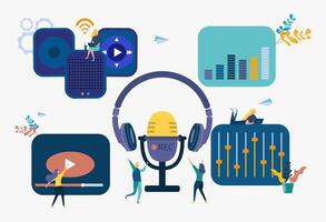 Recording studio, news, interviews, music, dubbing, sound recording on the radio into a microphone, work on recording a for a blog vector
