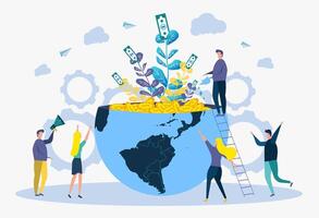 Look for a creative idea. Metaphor of a successful business. People grow money in the form of flowers from the hemisphere of the planet. Colorful illustration. vector