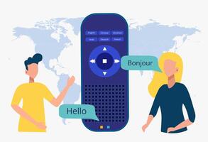 Translation technology concept. People communicate using a portable smart translator. Application for translation into a foreign language. Colorful illustration. vector