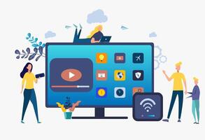 People switch applications on the TV display. Smart TV technology, Internet TV, online TV Sreaming concept. Colorful illustration vector