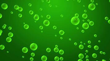 Seamless looped organic screensaver with transparent green bubbles floating up on a shiny background. Abstract spheres with realistic reflections and bright glow for science and art. Loop 4K 60fps video