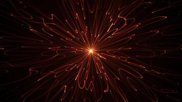 Seamless looped golden energy burst made of bright glowing lines smoothly pulsating on a black background. Shiny animation of hot power emitter with string waves float in zero gravity. Loop 4K 60fps video