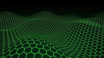 Green colored wave field with smoothly moving hexagon grid on a black background. Dark animation of honeycomb pattern flow for science fiction, computer technology and modern art performance. 4K 30fps video
