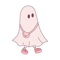 Cute little ghost in shoes with a cross bag. Hand drawn cute ghost isolated on white background. Halloween vector