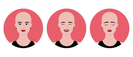 Set of avatars of beautiful bald young woman. Smiling, crying and laughing bald girl vector