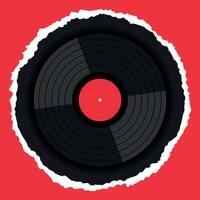 Vinyl record disk on red and black torn paper background. Emblem of music lover in flat design vector