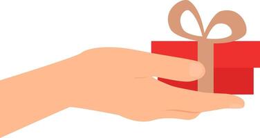 Hand holding red present box with a bow. vector