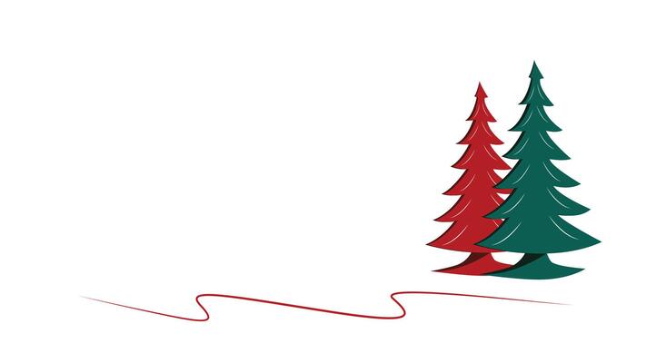 Christmas card with stylized image of two Christmas trees with white stripes of snow.
