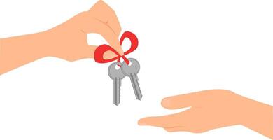 Hand giving two keys tied with red ribbon to another hand. vector