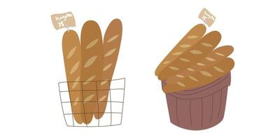 French baguettes in a wicker basket with a price tag in flat style. Baked traditional bread. Baguette for bakery menu design vector