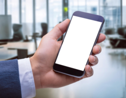 Man Holding Smartphone With Digital Wallet Interface in Modern Office Setting png