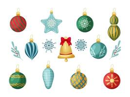 Set of Christmas balls on a white background. Christmas decorations for the tree. Collection of Christmas balls of different shapes. Bell with bow and snowflakes. vector